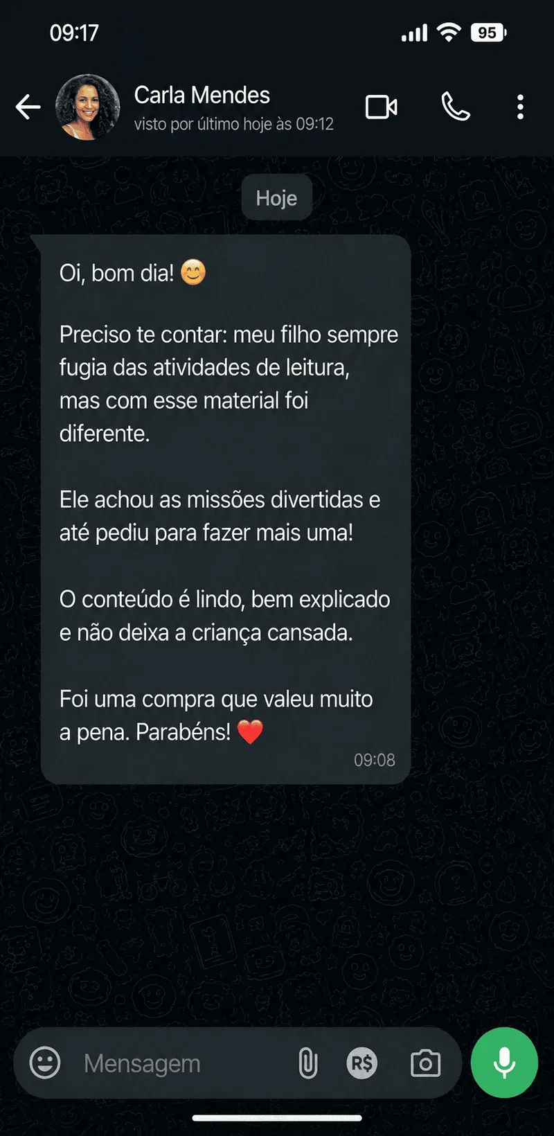 Depoimento real de mãe enviado por mensagem sobre o Método L.E.R.